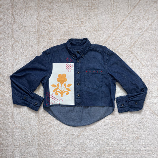 scrap button down - dark denim w/ pale panel & ochre floral